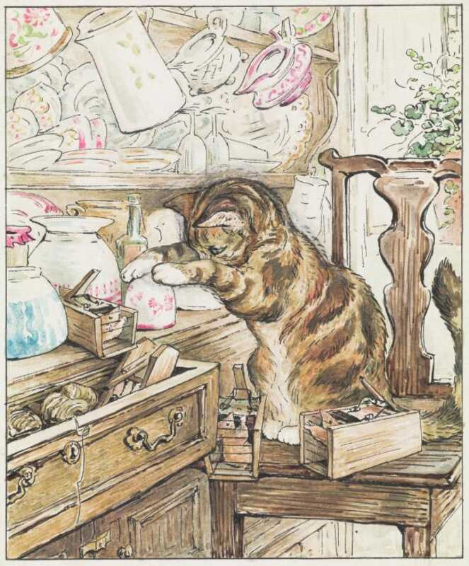 Simpkin the cat sits on a chair next to a dresser full of plates and jugs, with its paws on a china pot with pink decorations. Also on the chair and dresser are three mice in cage traps.
