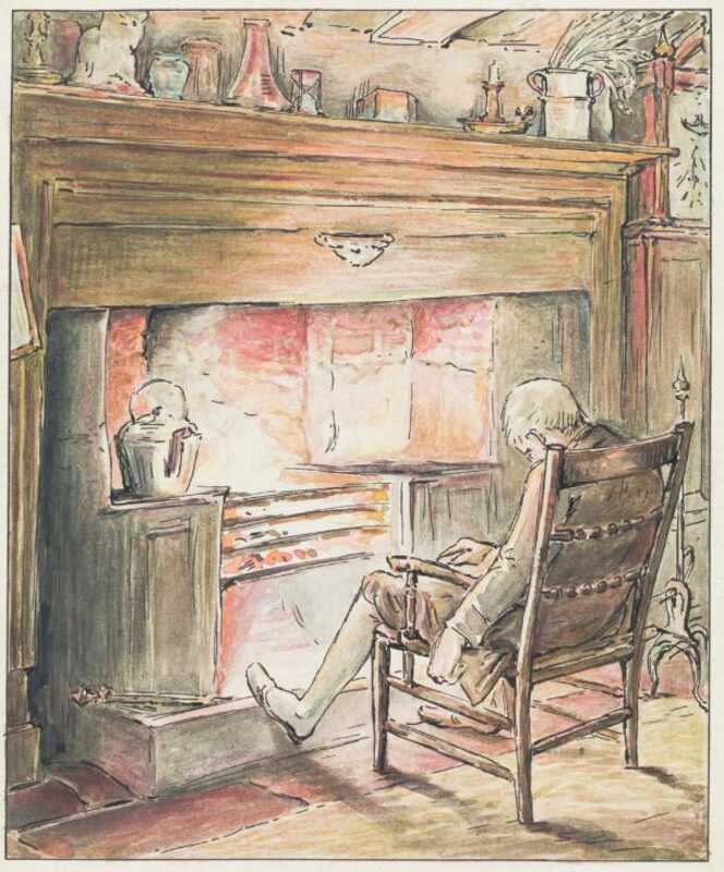The tailor dozes in a chair in front of a wide fireplace.