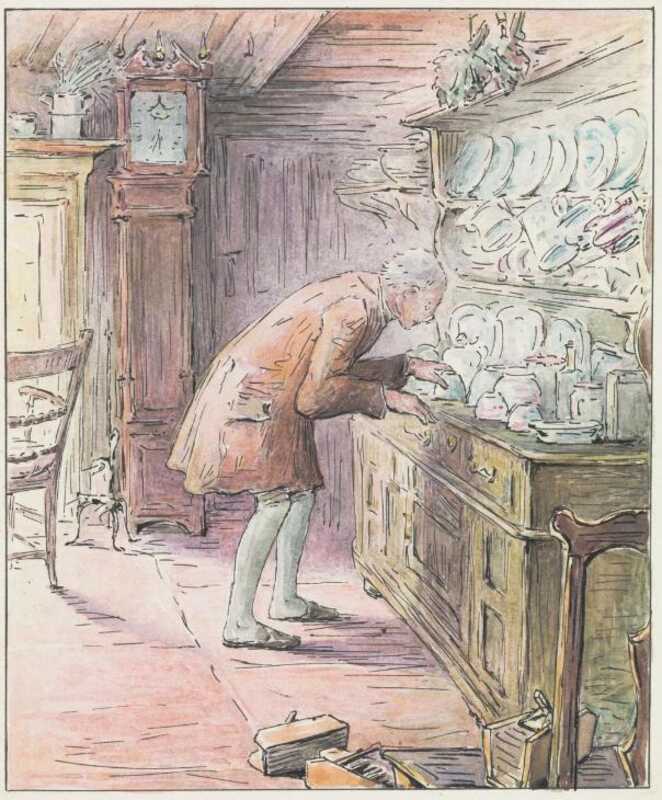 The tailor stands in front of the dresser, and peers underneath a teacup.