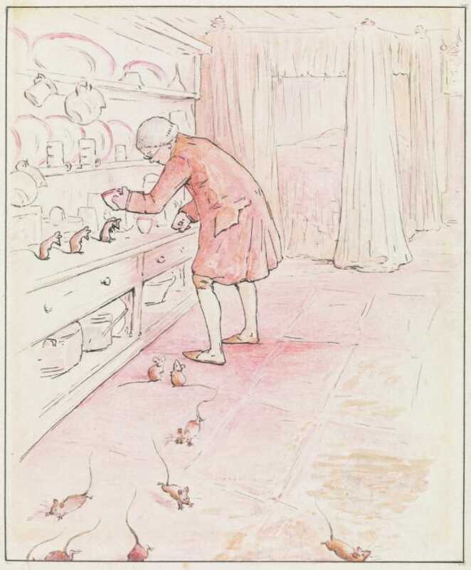 Three mice stand on the dresser in front of the tailor. At his feet looking up at him are two more mice, while six more run away.