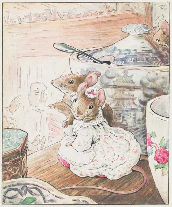 A lady mouse in a white dress decorated with little red flowers stands next to another mouse on the dresser next to a sugar bowl.
