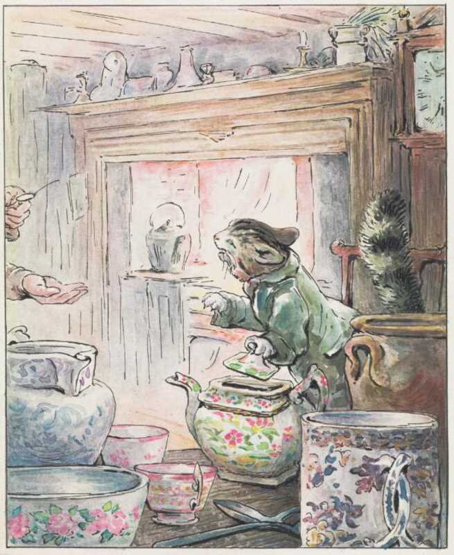 Simpkin the cat hisses at the tailor’s outstretched hand, while holding open a large teapot.