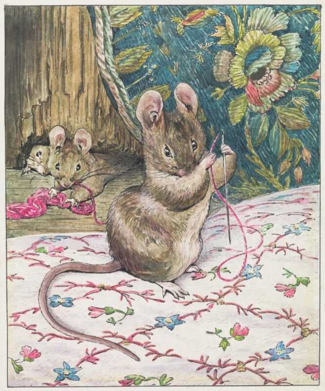 A mouse sits on embroidered cloth while trying to thread red thread onto a needle. In the background two mice hold the thread’s skein.