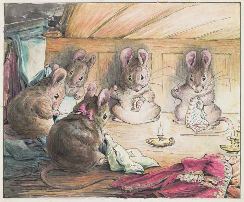 Five mice sit in a circle around the light of a candle. They are sewing mice-sized clothes.