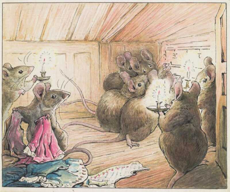 The mice have stopped sewing to close the door of their room. Most are standing by the door, with a couple holding candles and one gathering up the clothes they have been working on.
