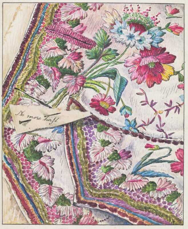 A piece of cloth with beautifully embroidered flowers. Pinned to it is a scrap of paper on which is written in copperplate handwriting “No more twist.”
