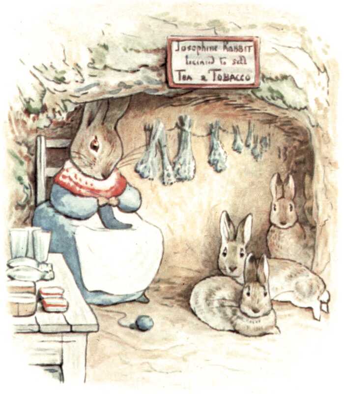 Josephine Rabbit is sitting knitting in her burrow wearing a blue dress and a red and white shawl, next to four small rabbits. Behind her hangs some bunches of herbs, and above her is a sign that reads “Josephine Rabbit, licensed to sell Tea & Tobacco.”