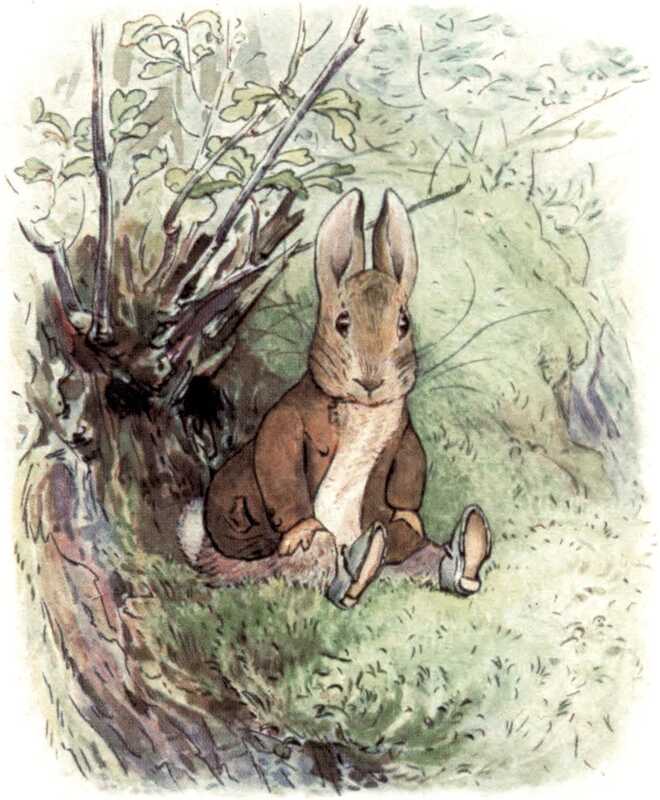 Benjamin Bunny sits on a grassy bank. His ears are pricked up, and he’s wearing a brown jacket and blue shoes.
