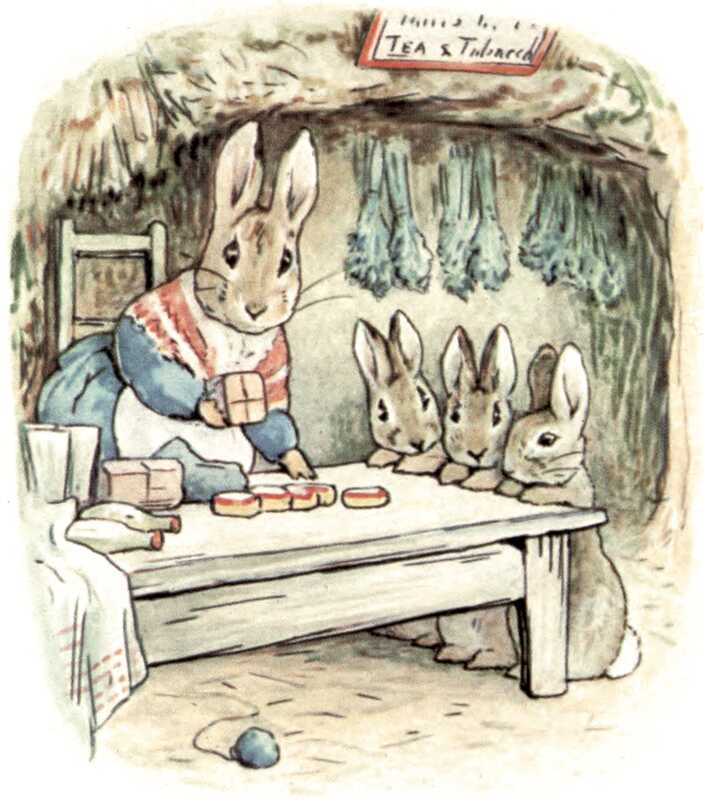 Benjamin’s aunt is standing at a table covered in packets and bottles. Three rabbit children stand at the end of the table.