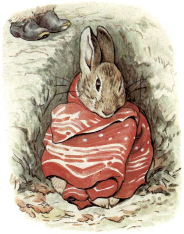 Peter Rabbit is sitting in a hole in the ground, wrapped in a red cloth with white stripes. Next to the edge of the hole are Benjamin’s feet.