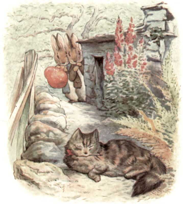 Peter and Benjamin peer around the corner of a wall. A large tabby cat wearing a red ribbon is lying asleep on the path in front of them.