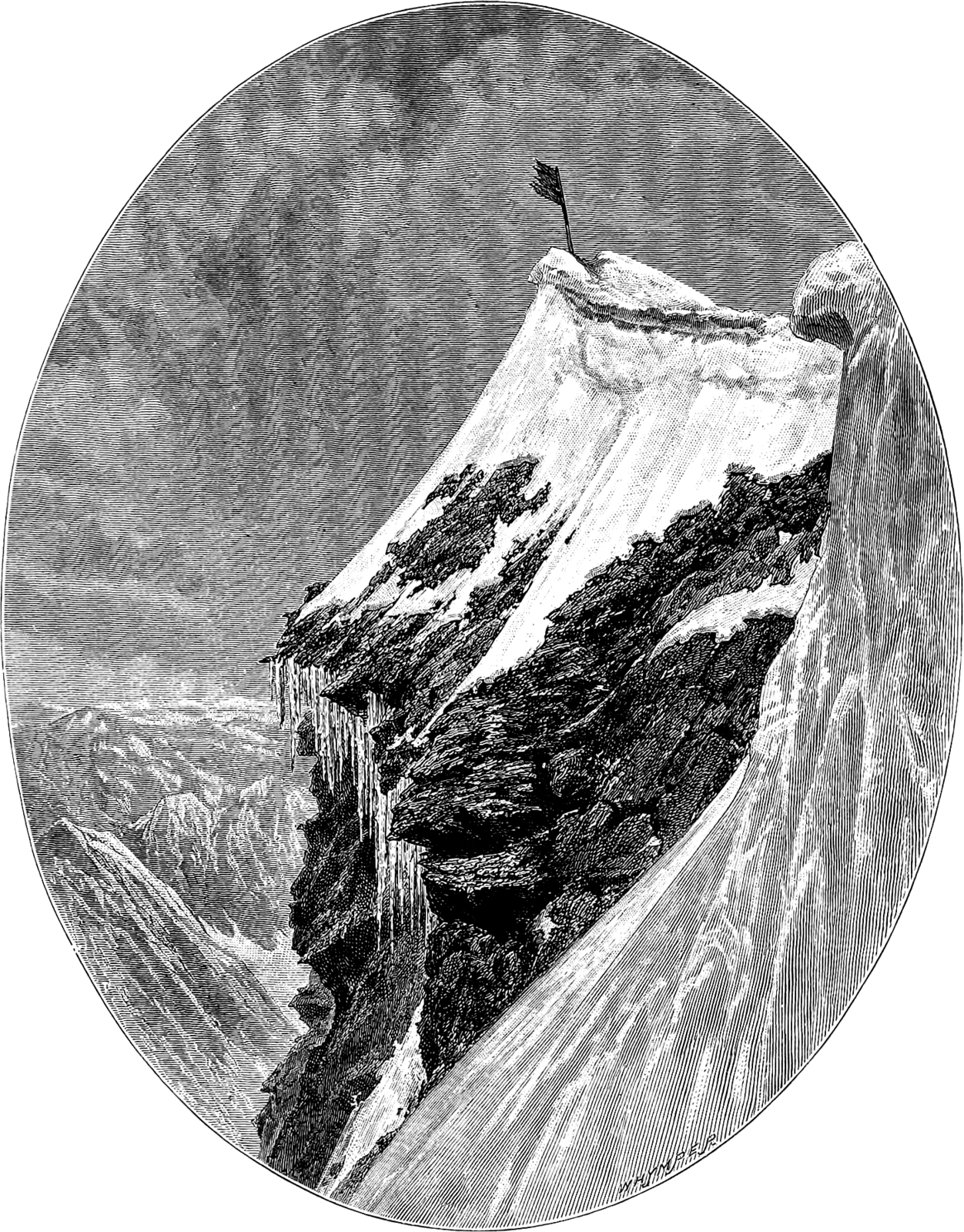 The summit of a steep, snowy mountain. A flag flies from the topmost point.