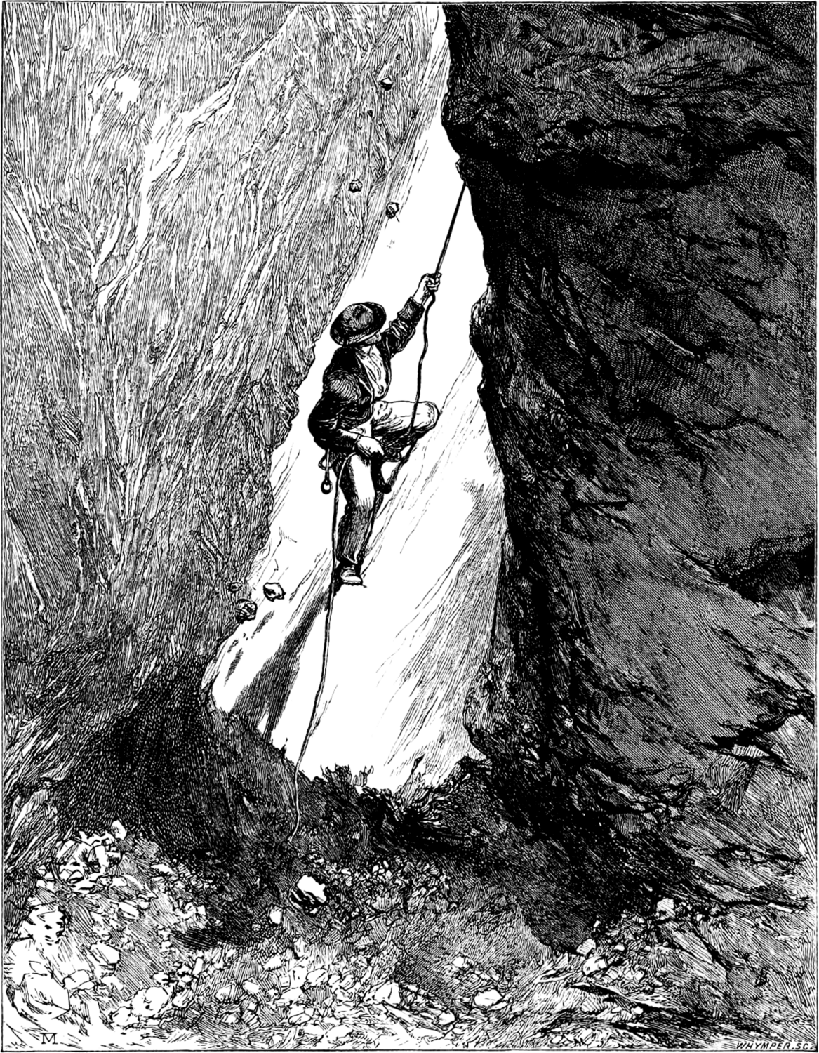 A man climbs up a steep, snow-filled gully, using a rope to pull himself up.