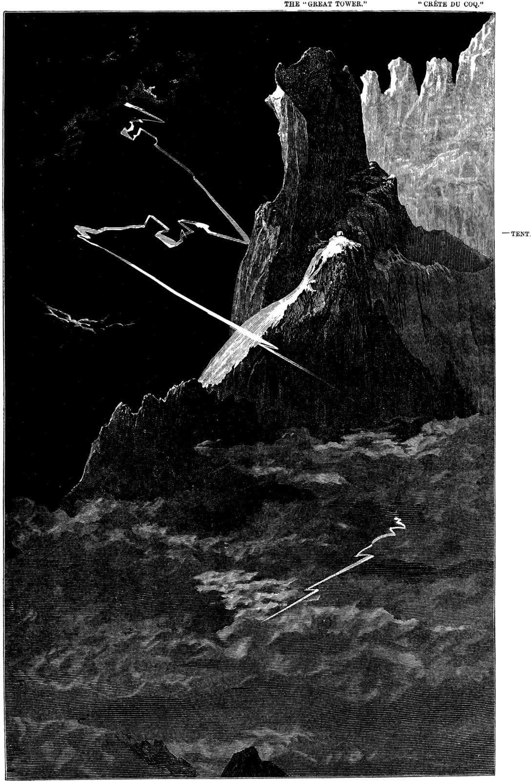 Nighttime picture of a mountain peak with a flash of lightning. Above the picture, labels indicate “the Great Tower” and “Crête du Coq.”