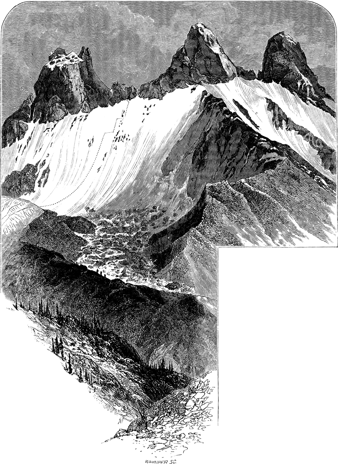 Panoramic view of a three mountain peaks, connected by a ridge and a steep snow face.