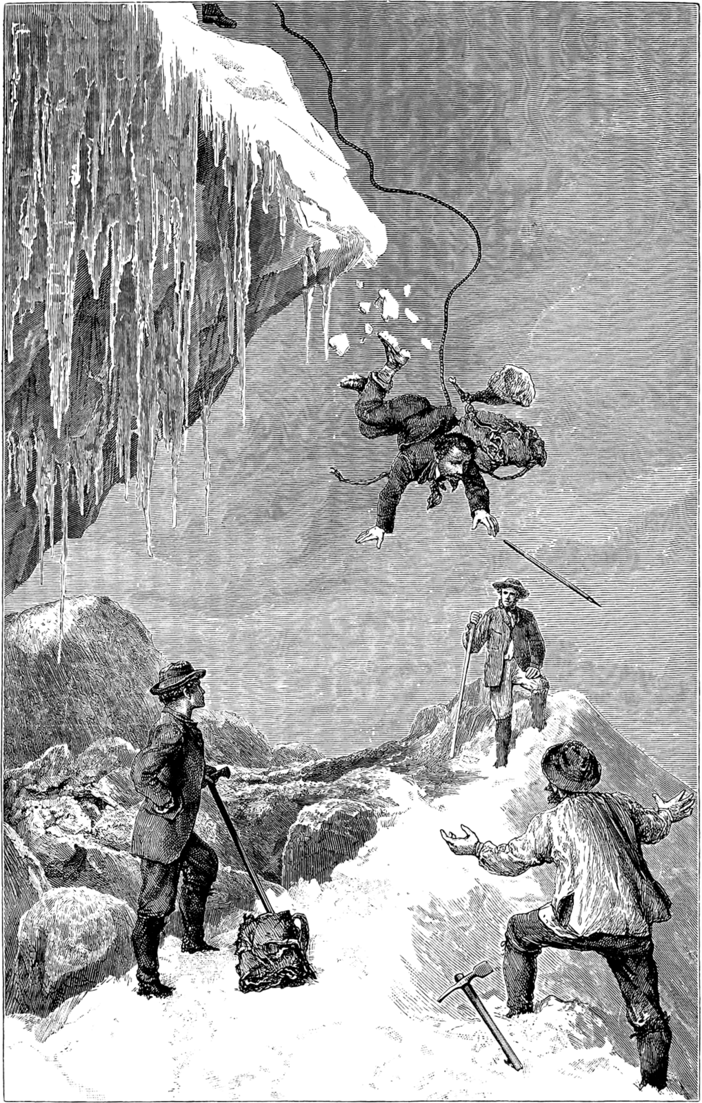 A man falls from an overhanging ice ridge, while three others stand a little lower and watch him fall.