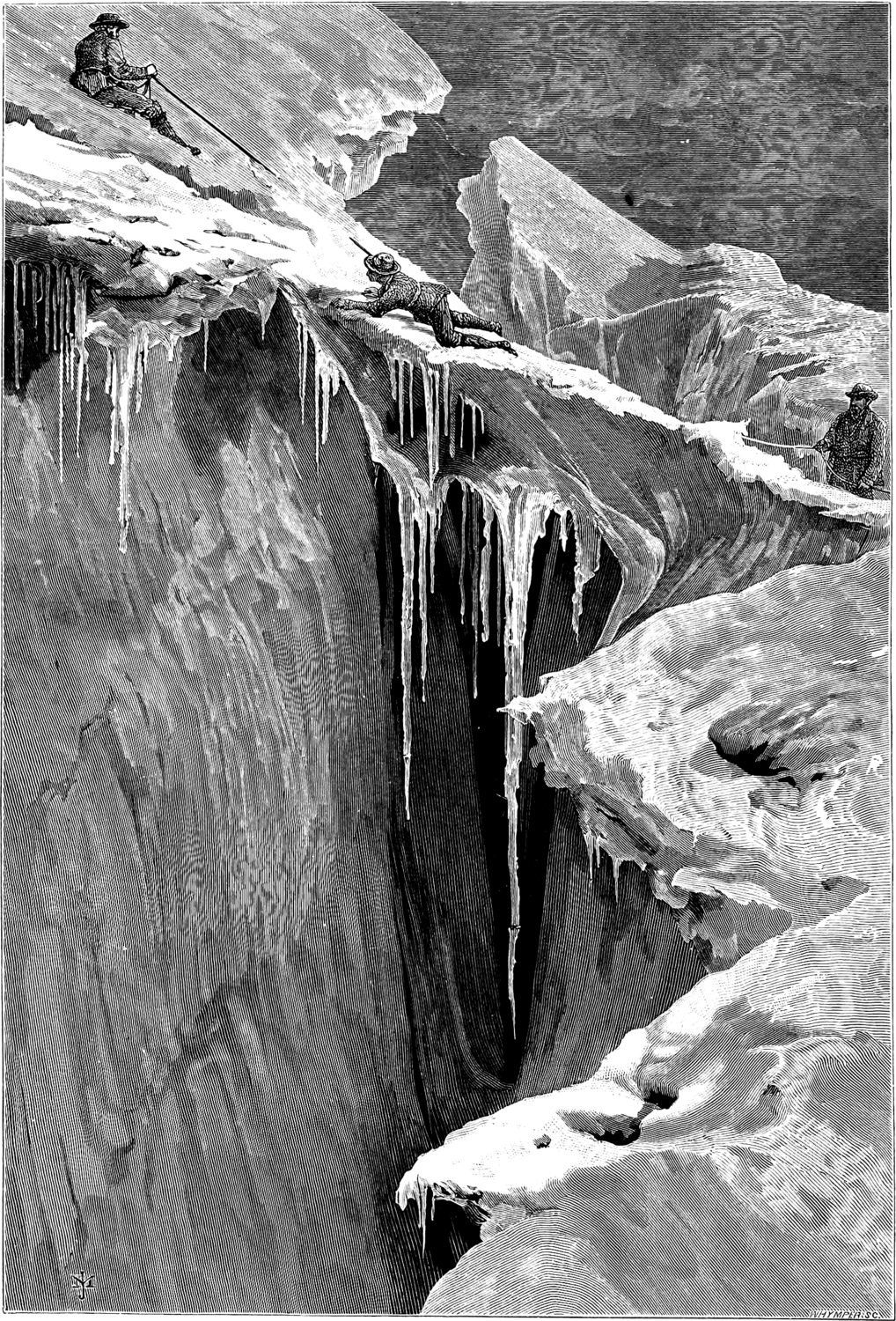 Two climbers crawl along an ice-covered mountain ridge, next to a steep decline.