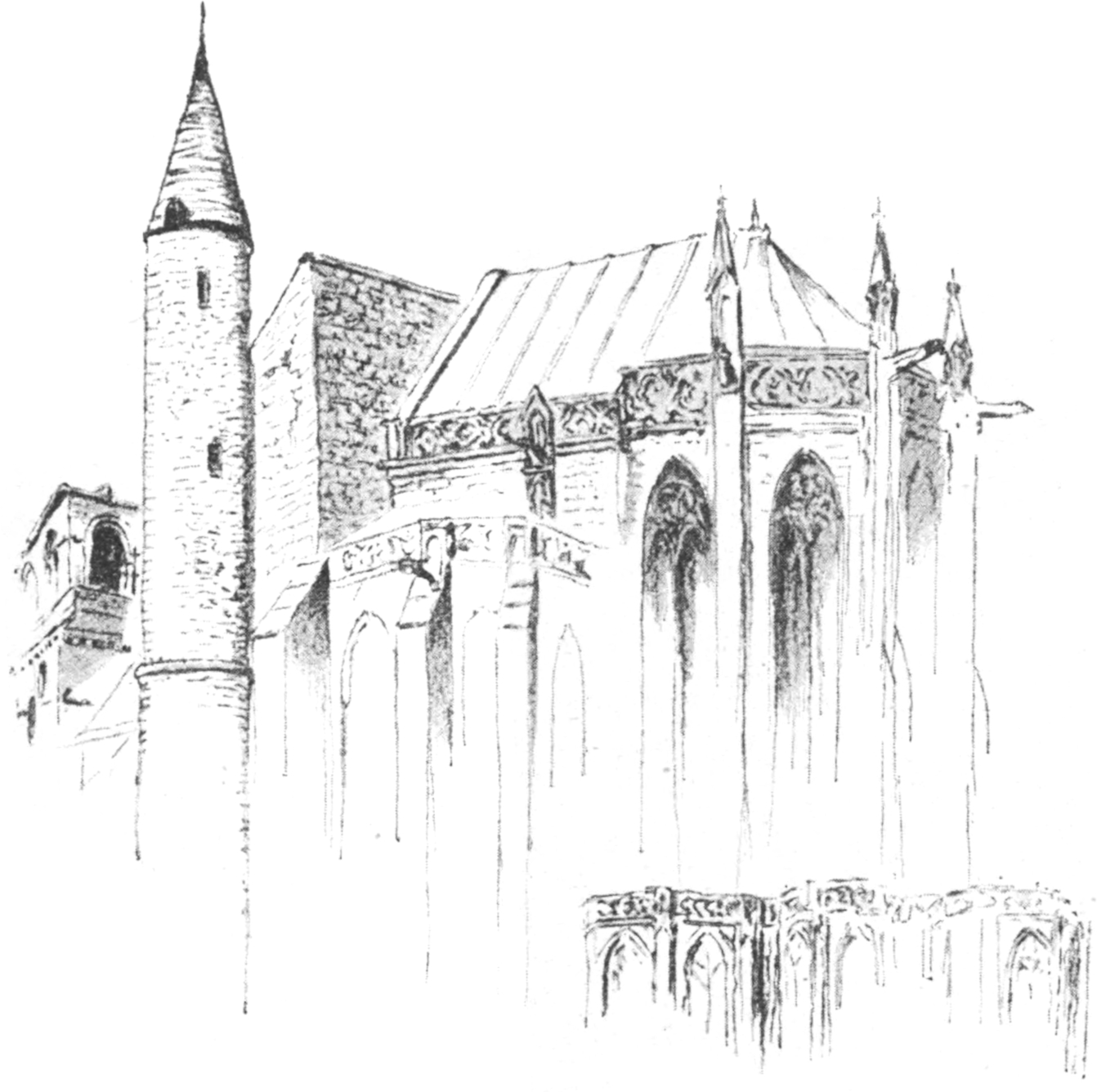 Sketch of a church, with a stone tower to the left and decorated pillars and apse to the right.