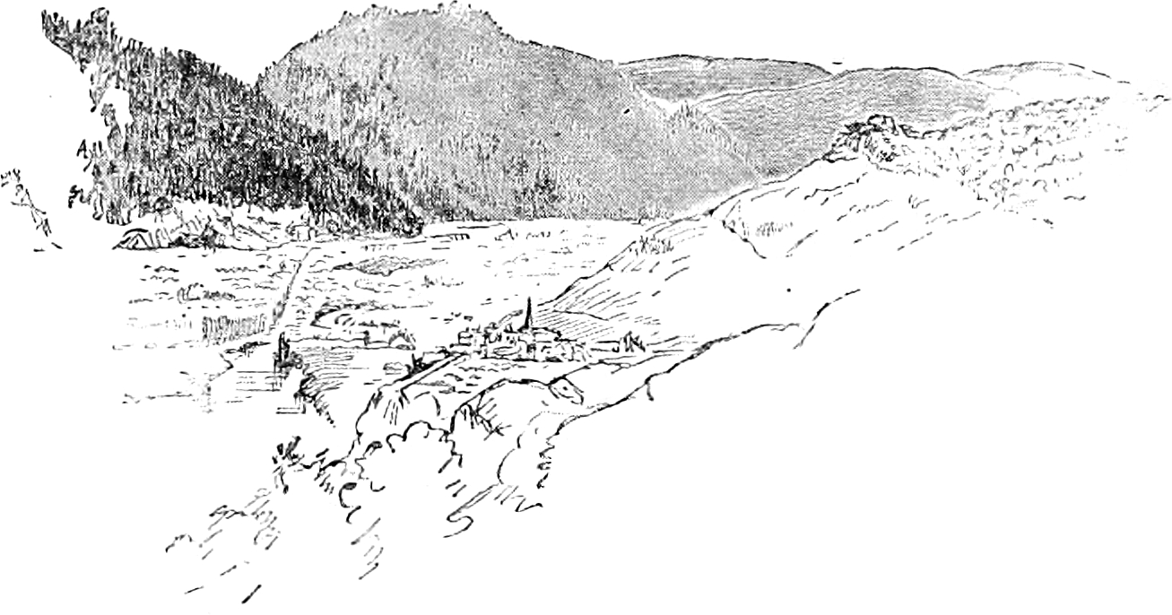 Sketch of a valley with a small village at the base of hills rising to the right. The valley continues on the left and ends in large hills in the background.