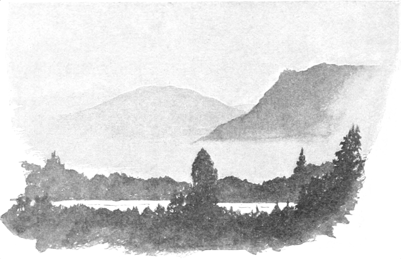 Sketch of a bank of trees on either side of a river, with fading hills in the distance.