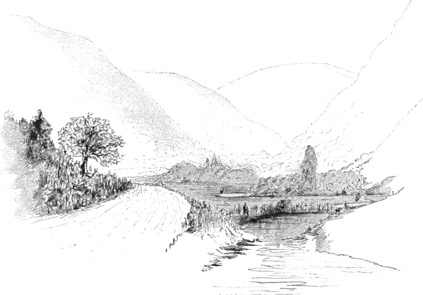 Sketch of winding stream in a mountain valley, with a road and trees to the left and mountains straight ahead.