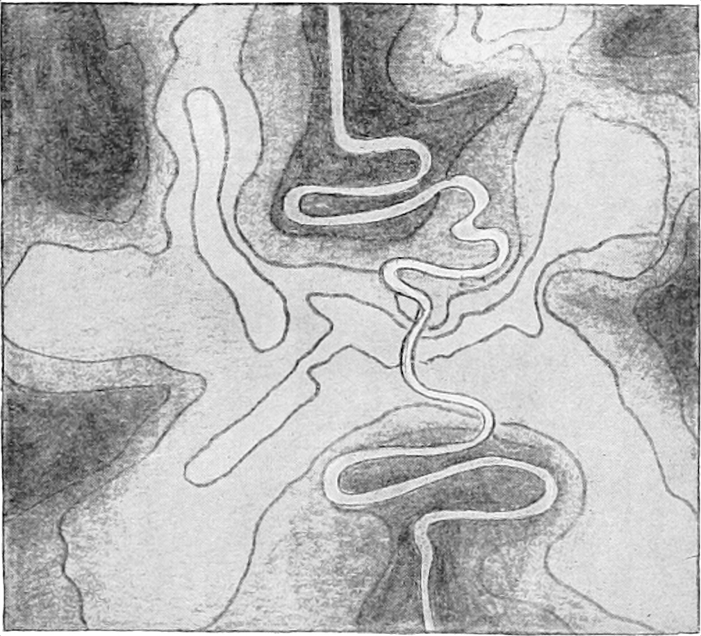 Sketched elevation relief map of a road winding up from one valley to a mountain summit, along the summit, then down into a second valley.