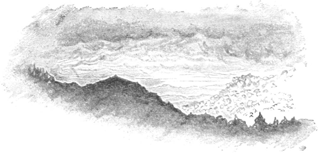 Sketch of a view of several mountains with clouds in the distance.