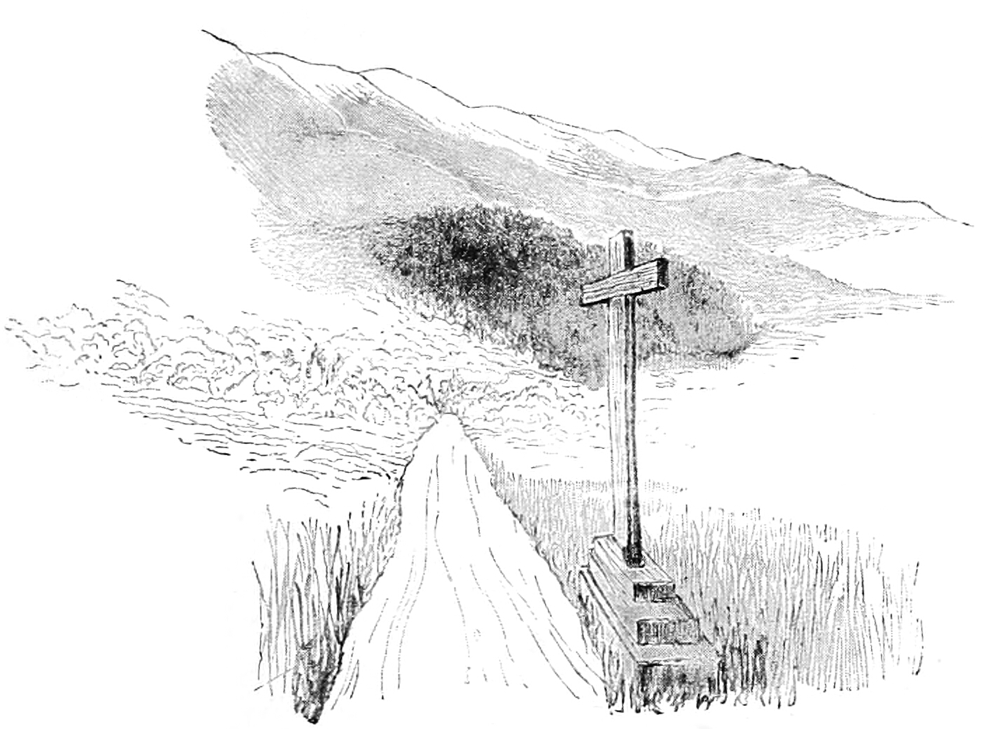 Sketch of a path cutting through tall grass straight into distant mountains, with a cross raised on a slight stepped pedestal to the right of the path.
