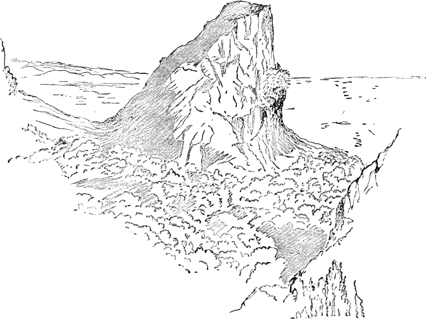 Sketch of a large, high isolated mountain rising on the left with a sheer cliff on the right, surrounded by a forest below.