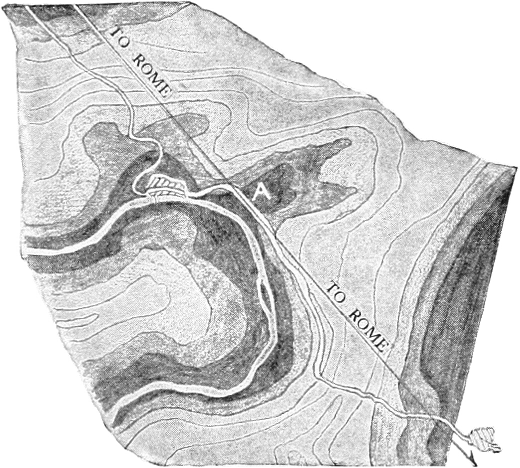 Sketched elevation relief map of the area around the gorge of the doubs, with a line bisecting it from top left to bottom right, labeled “to Rome” in all capital letters. A river enters the map from the center left and runs in an inverted-C shape to exit on the bottom left. A white letter A is in the center.