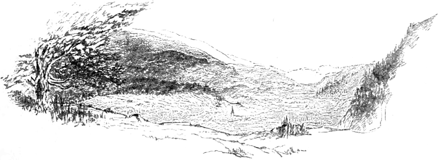 Sketch of an open field valley, with shaded mountains behind and to the right. A large tree is on the far left of the field.