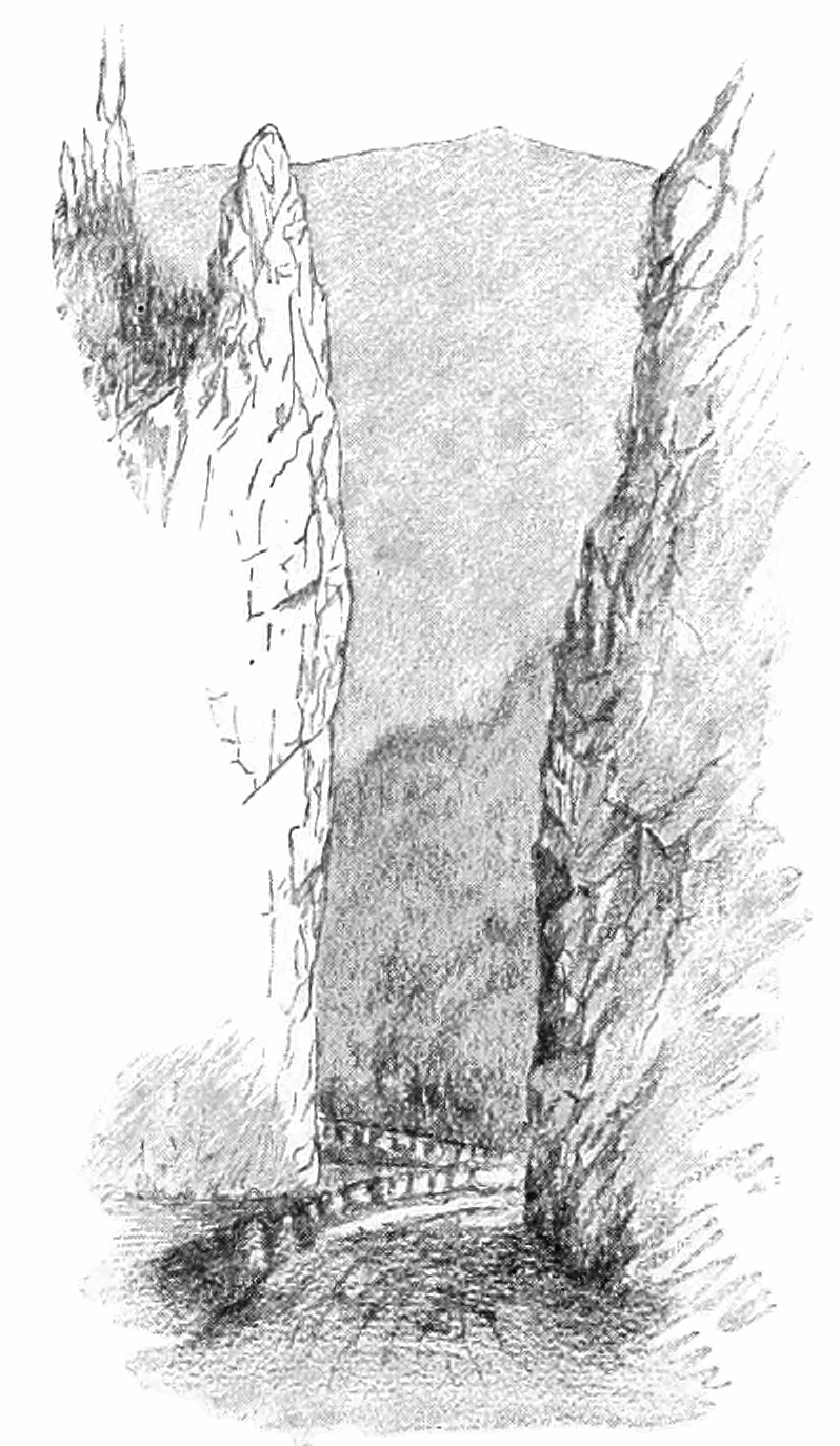 Sketch of an open path between to large vertical rock faces on either side and a large mountain ridge behind.