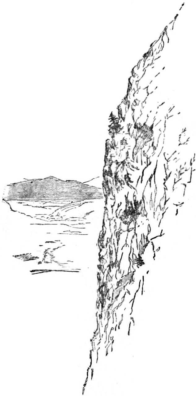 Sketch of a sheer cliff face to the right, with a view of a valley in the distance to the left, with more mountains behind.