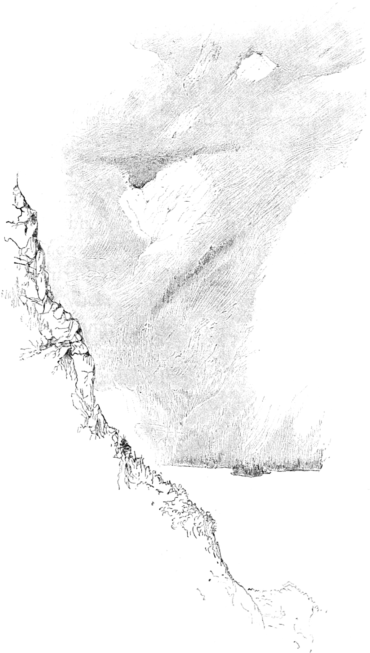 Sketch of a mountainside slope from the top left to bottom right. A lake is along the bottom, and a shaded background of more mountains is on the right side of the slope.