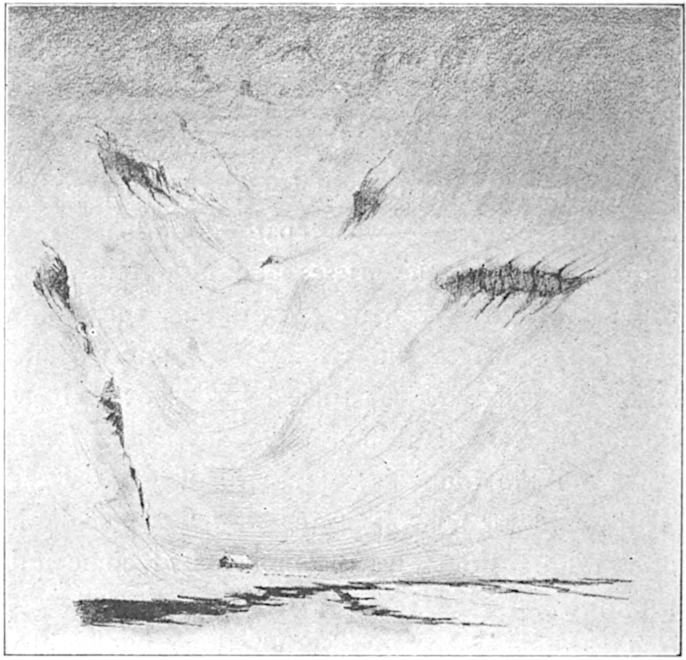 Sketch showing outlines of several mountains with grey shading obscuring most of the view. A small building stands in the distance on the bottom slightly left of center.