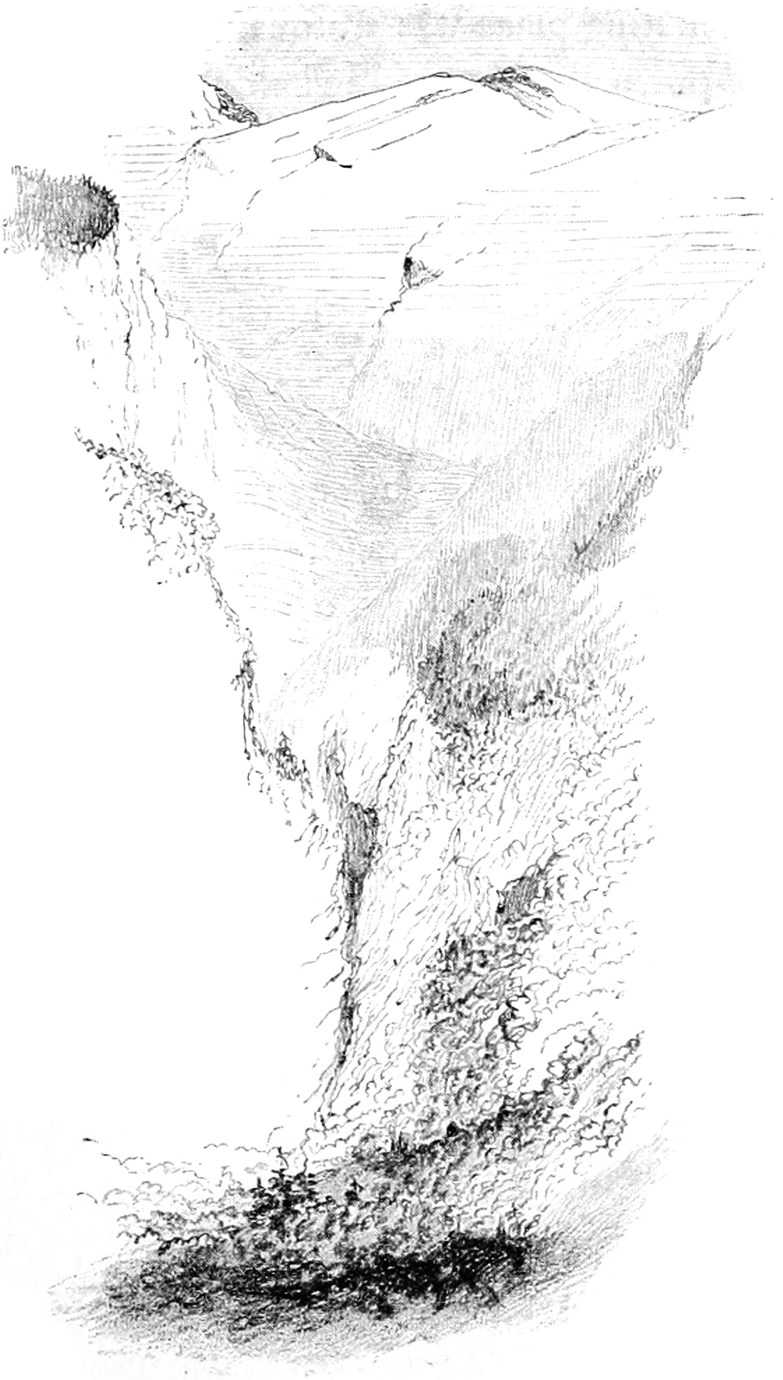 Sketch of a ravine with mountains in the distance and to each side, and forests below.