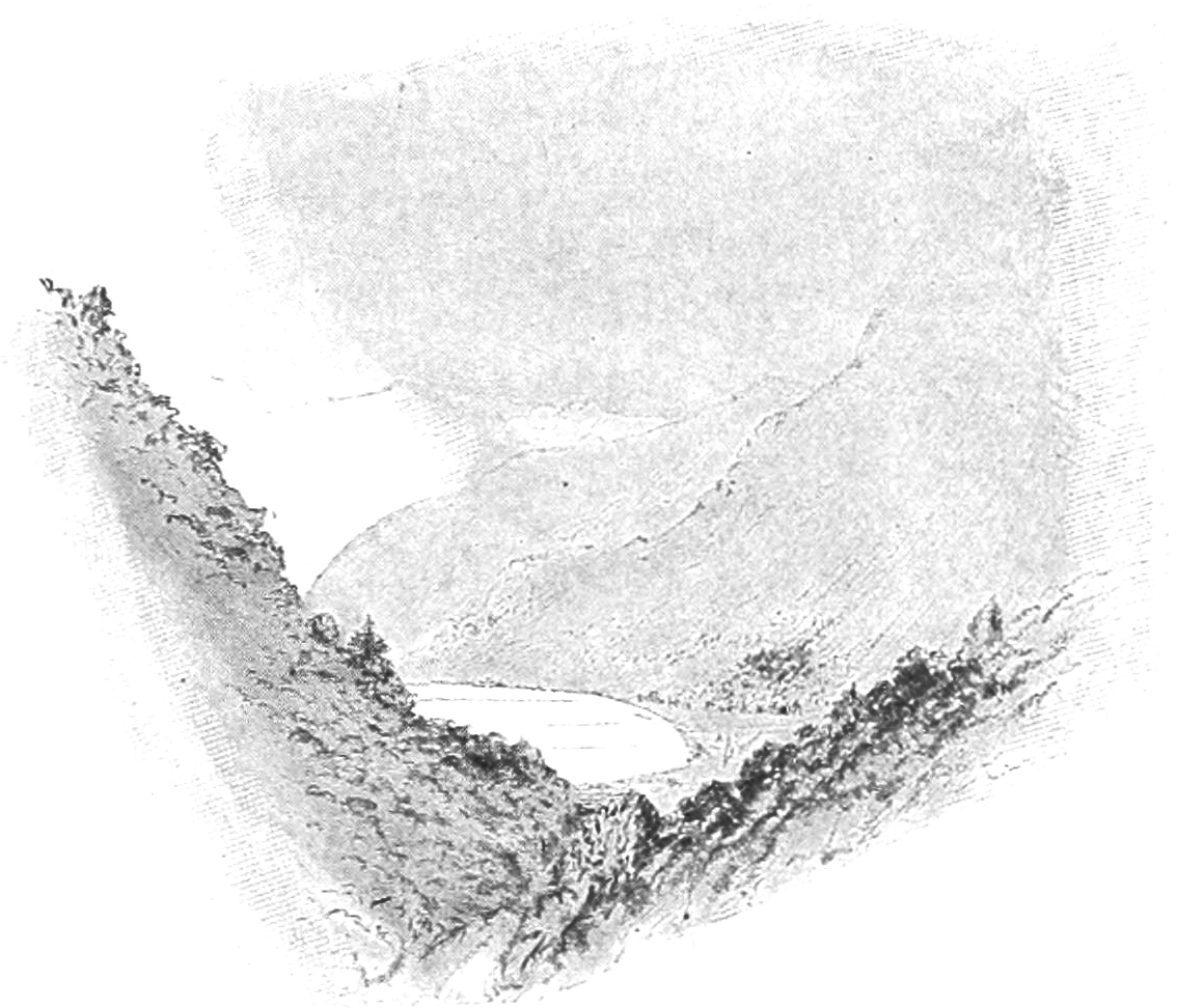 Sketch of a wooded mountain pass leading into a valley with a lake. Mountains are barely visible further in the distance.