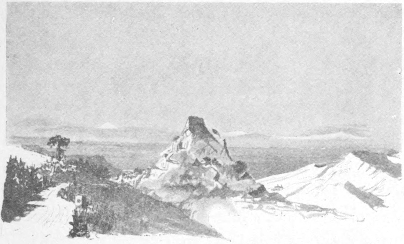 Sketch with a path bordered by trees to the left, a mountain peak in the center, a smaller peak on the far right, and a wide plain in the background below a clear sky.