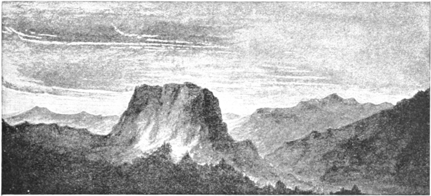 Sketch of a flat topped mountain in the center under a cloudy sky. A small forest is in the foreground with hills to the sides and in the background.