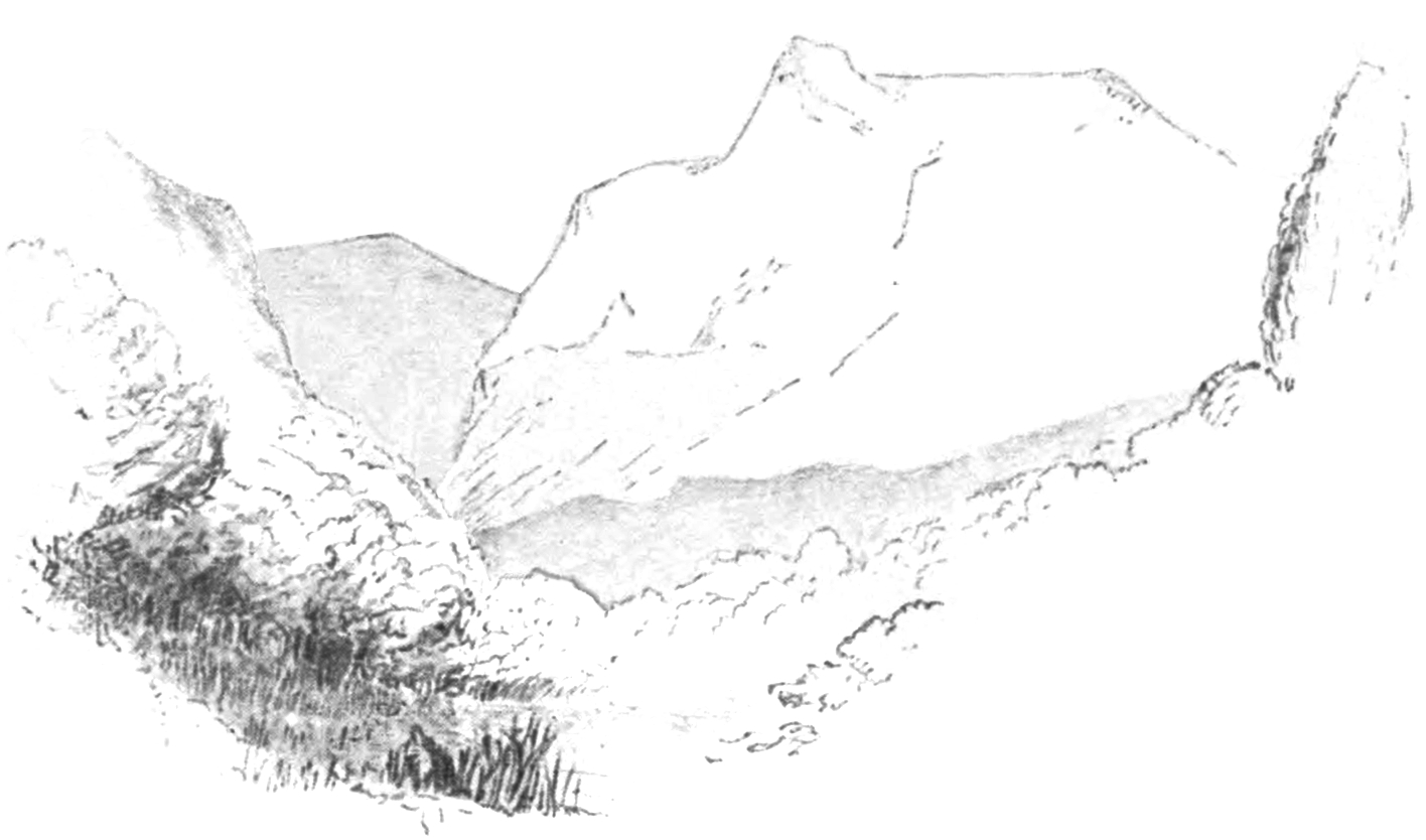 Sketch of vale with grasses and trees in the foreground to the left, and rocky hills in the distance.