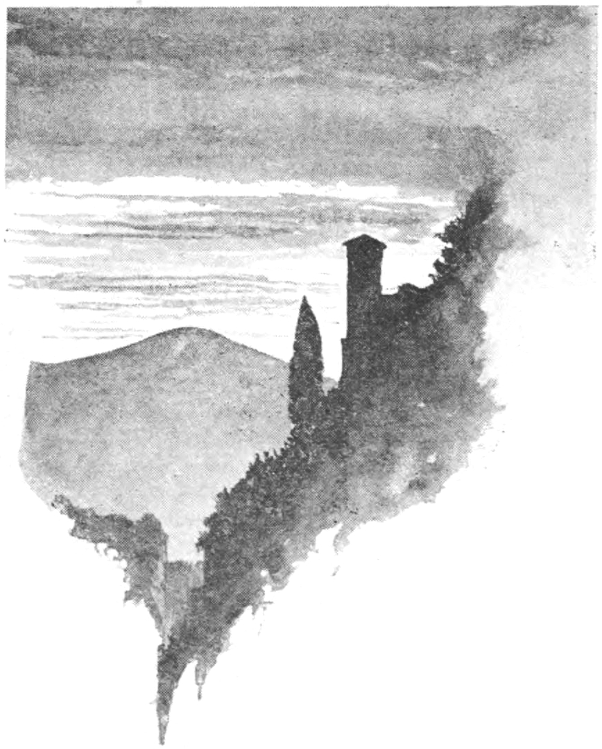 Sketch of a silhouette of a large tree next to a tower on a forested hillside, with the sky above and a hill in the distance.