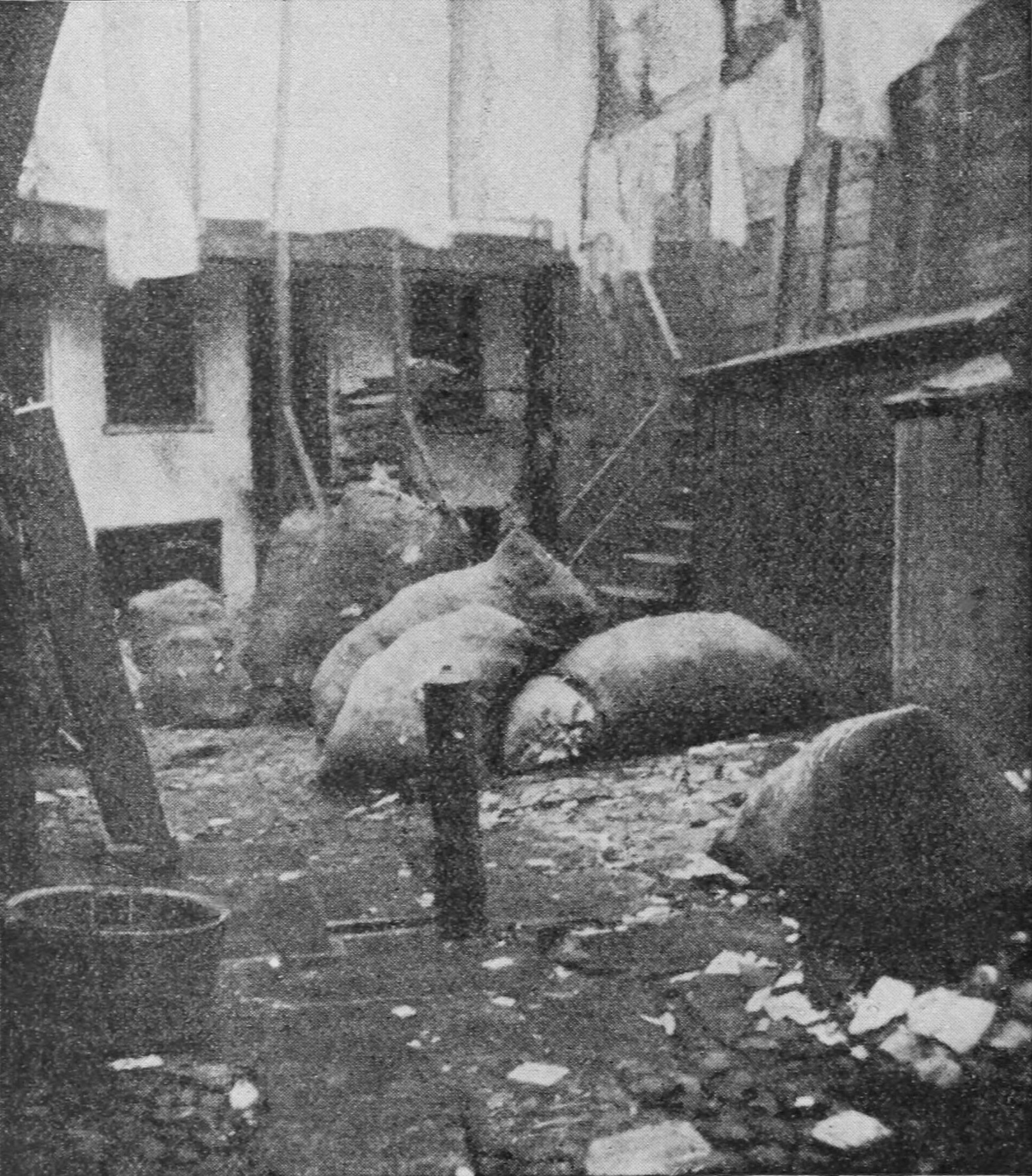 An alley behind a tenement is strewn with large bags and litter.