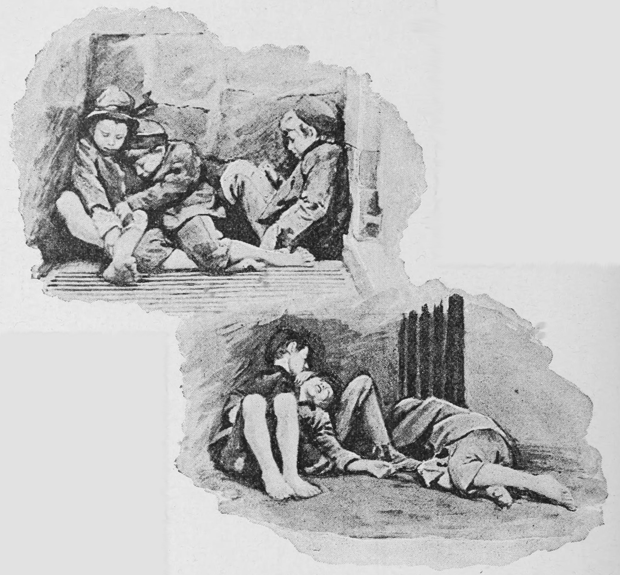 Each of two scenes shows a group of children huddled together on the pavement.