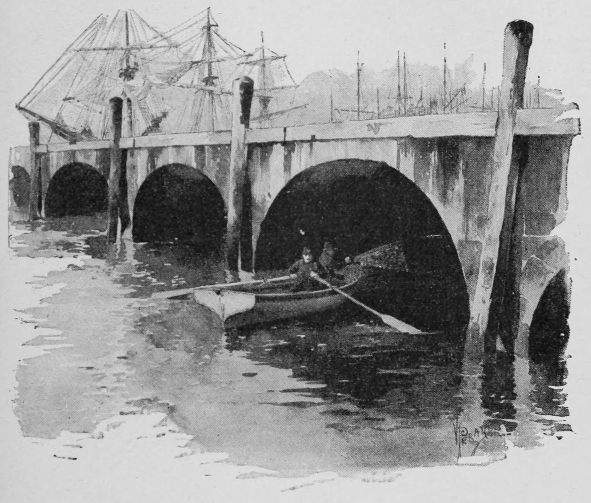 Two men in a rowboat are heading under a bridge, with ship masts in the background.