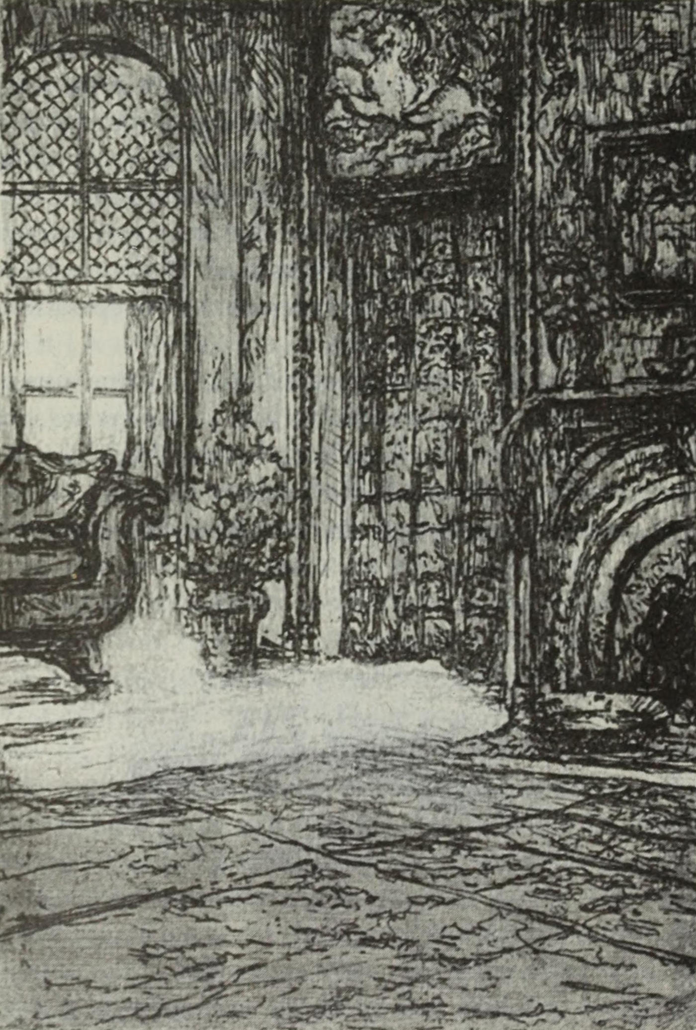 An illustration an ornate room with a fireplace and couch.
