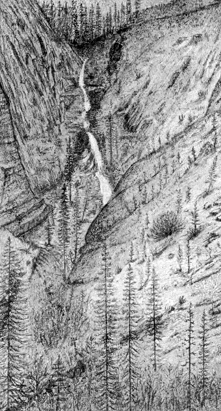 A sketch of deep mountain valley through which runs a small creek. On either side of the valley, the steep walls are covered with sparse vegetation.