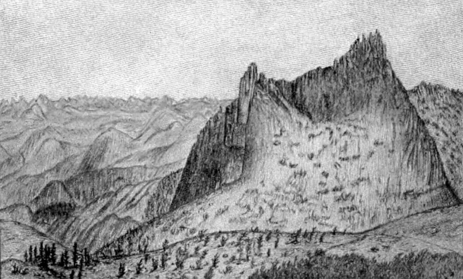 A sketch of a large, ragged-edged granite pinnacle with rolling hills in the distance and sparse vegetation in the foreground.