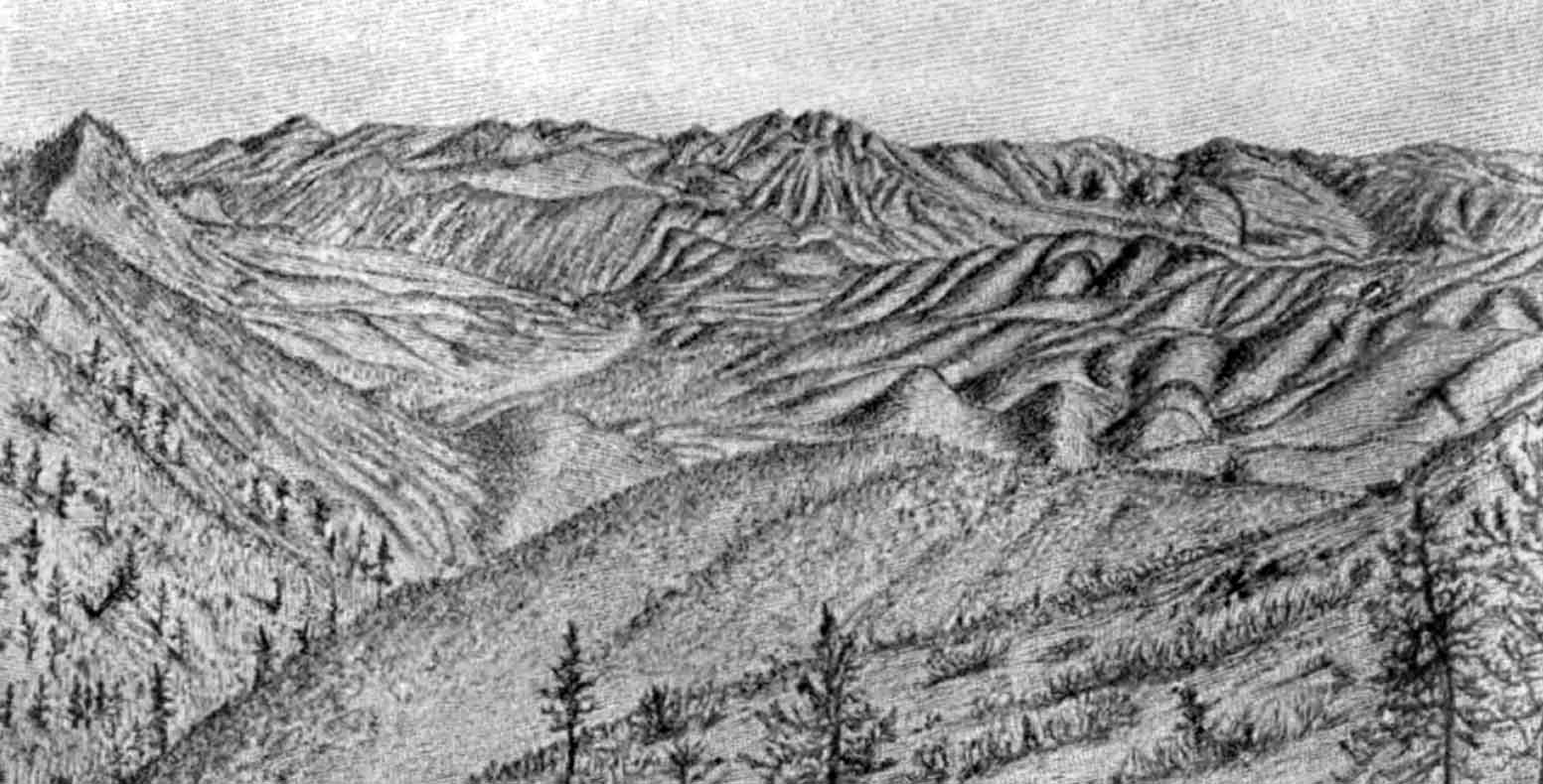 A sketch of high alpine hills and mountain ranges that stretch one after another far into the distance.