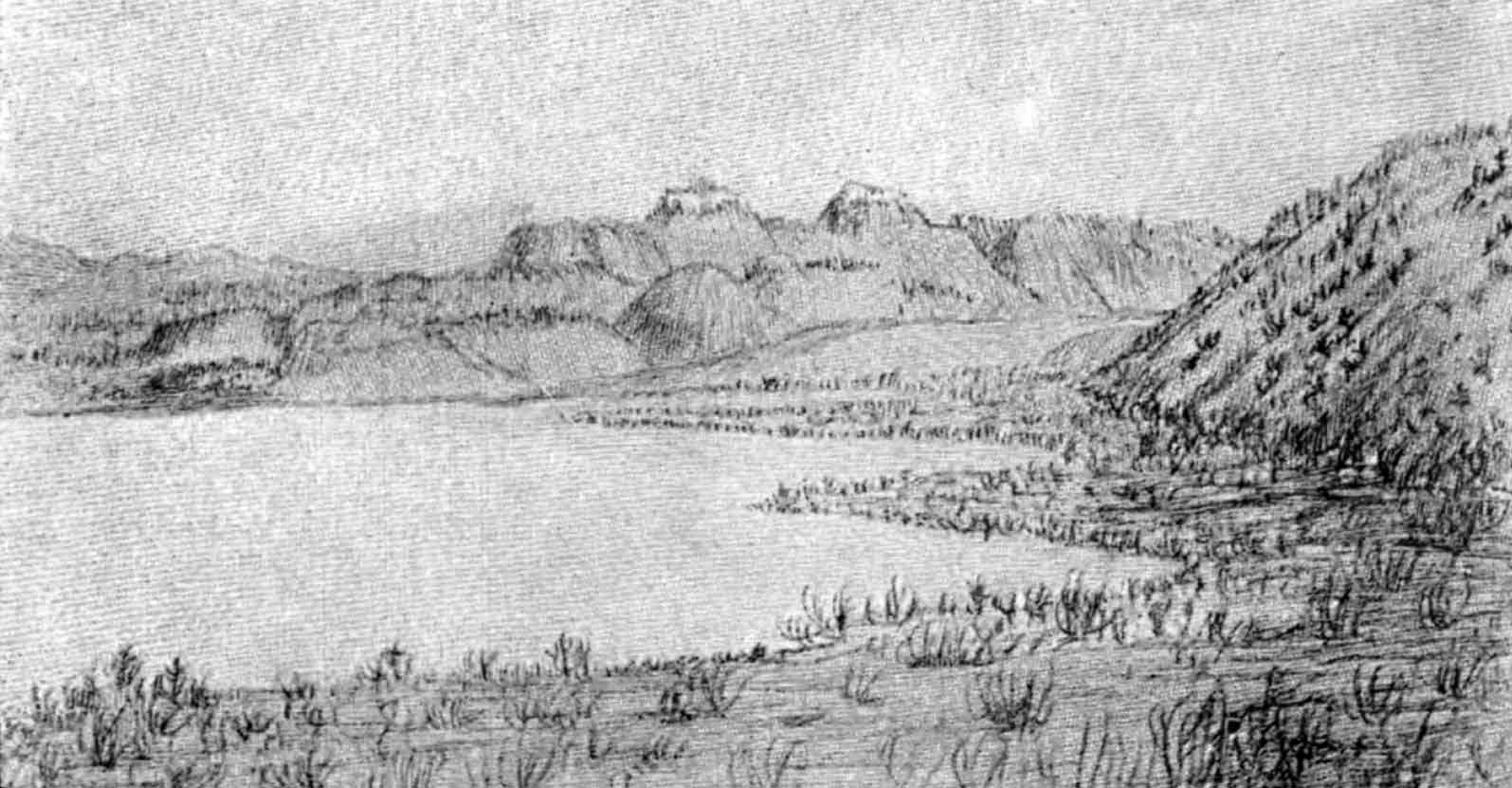 A sketch of a mountain lake surrounded by alpine vegetation and distant rolling hills, volcanic cones, and mountain peaks.