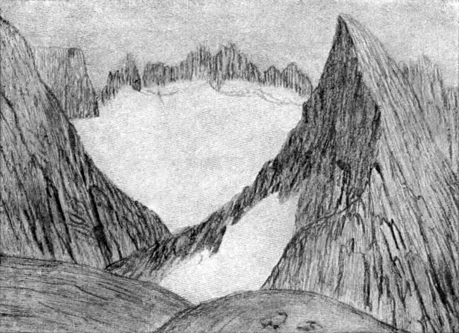 A sketch of numerous mountain peaks with dark jagged ridgelines that surround several large ice fields.